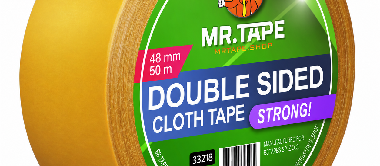 Taśma dwustronna wzmacniana MR.TAPE 33218, rolka 48 mm × 50 m z zieloną etykietą