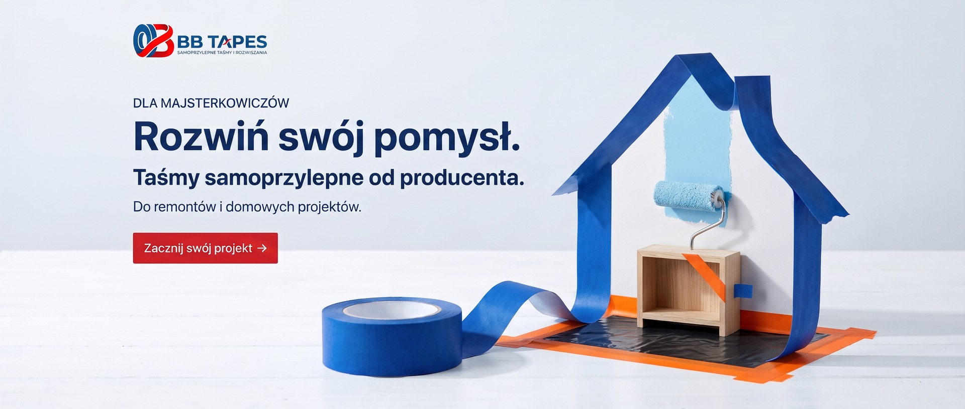BB Tapes: domek z niebieskiej taśmy, wałek z błękitną farbą i czarna folia ochronna przyklejona pomarańczową taśmą.